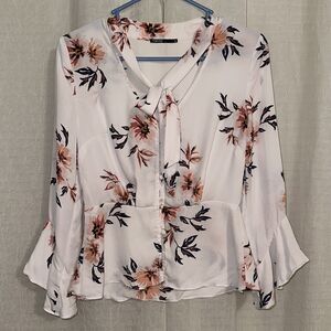 TOKITO 4 White Pink Navy Floral Button Front Bell Sleeve Peplum Tie Blouse